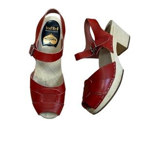 Swedish Hasbeens Red Leather Clog Sandals